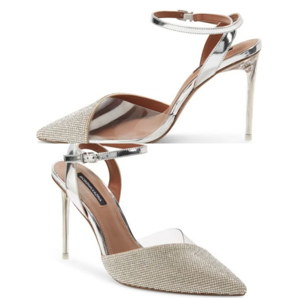 BCBGMAXAZRIA Gigi Pointed Toe in Silver Rhinestone Stiletto Ankle‎ Strap Heels